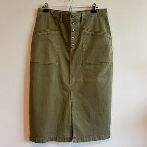 By Anthropologie Olive Green Cargo Button Front Boho Midi Skirt 12 Cotton